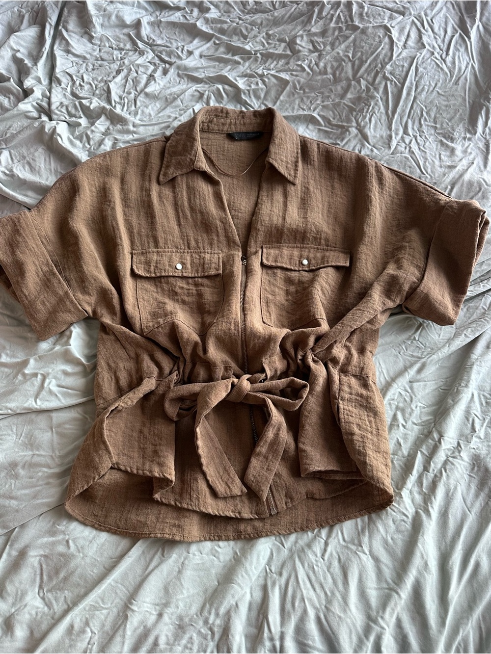 Zara Brown Tie-Waist Button-Down Shirt